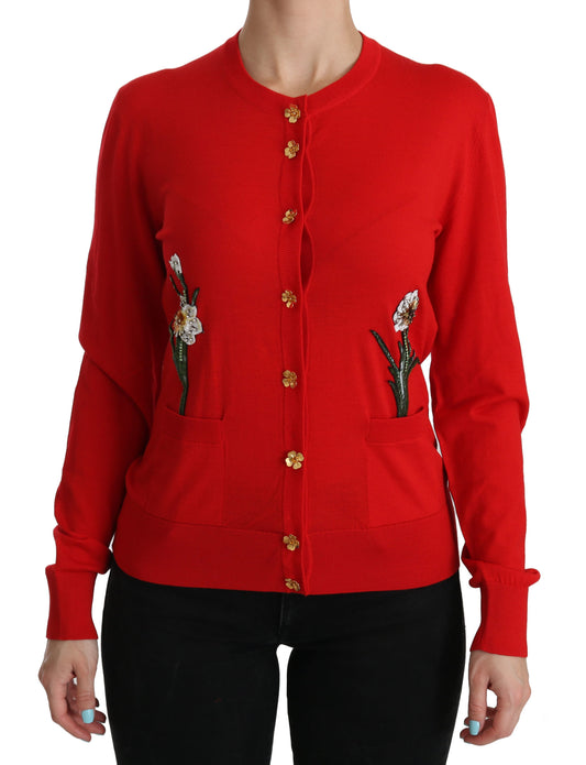 Red Wool Crystal Floral Cardigan Sweater