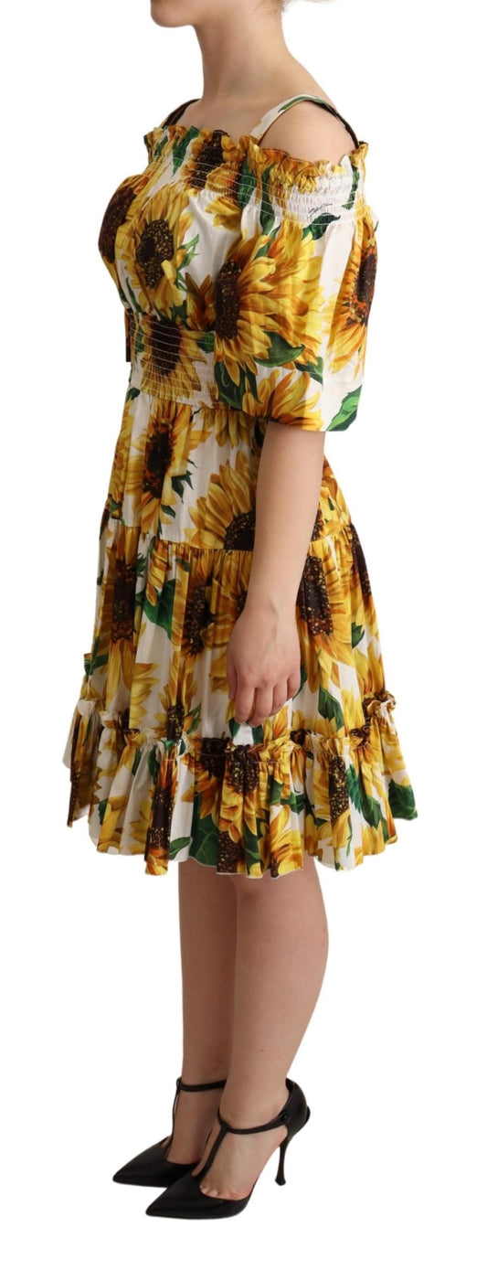 Yellow Sunflowers Print Open Shoulder Dress