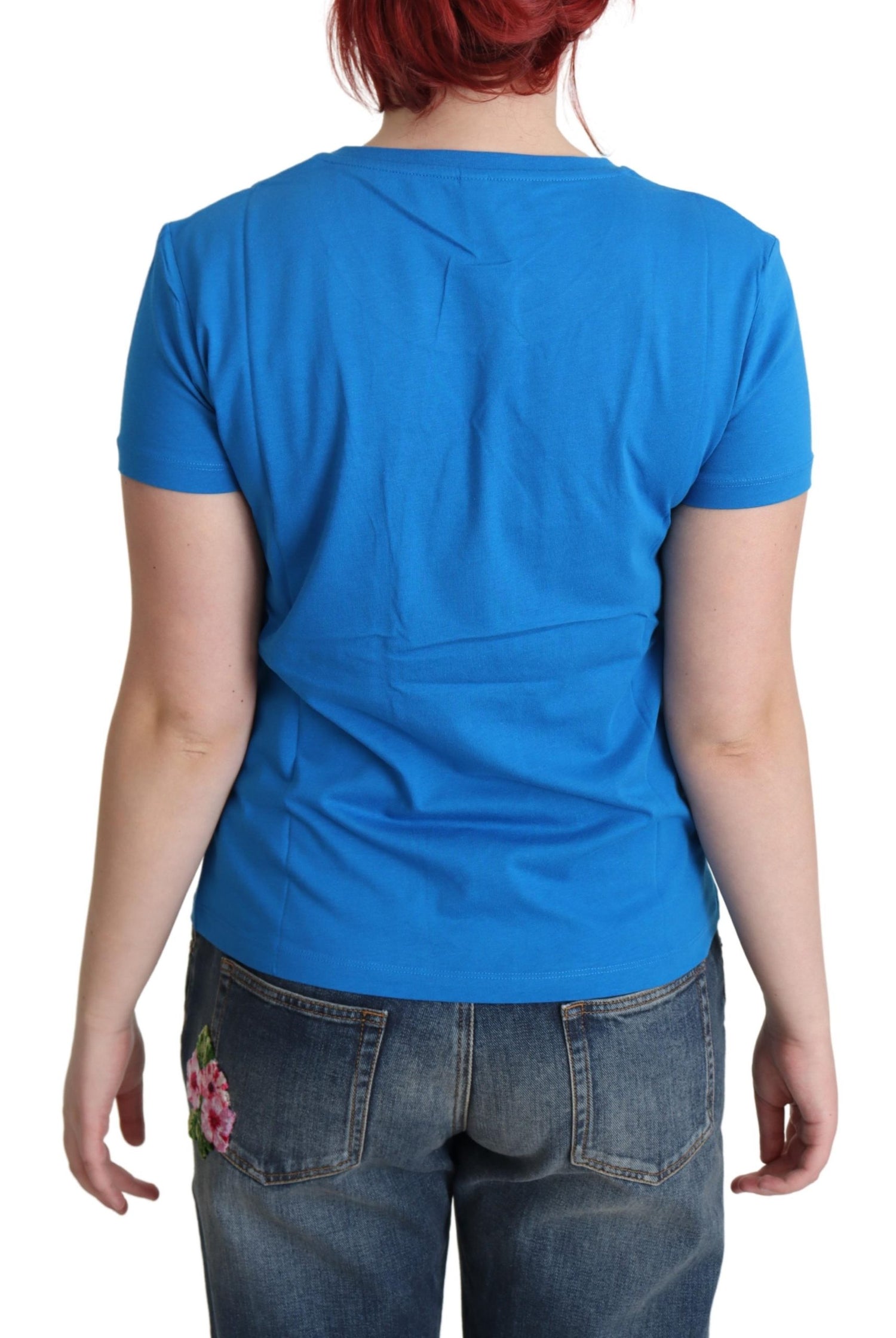 Blue Printed Cotton Short Sleeves Tops T-shirt