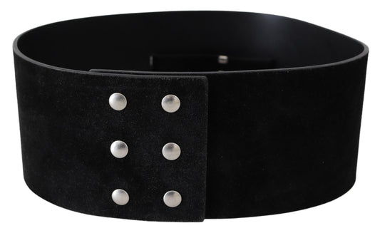 Black Leather Wide Silver Logo Design Buckle Belt