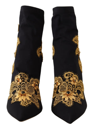 Black Textile Embroidery Ankle Boots Shoes