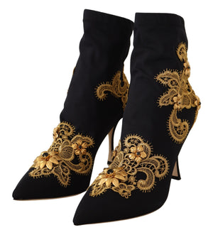 Black Textile Embroidery Ankle Boots Shoes