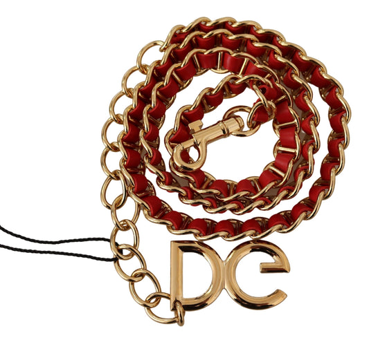 Red Leather Gold Tone DG Logo Waist Chain Belt