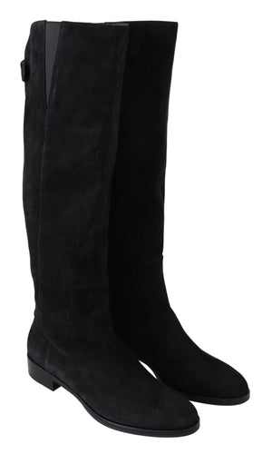 Black Suede Knee High Flat Boots Shoes