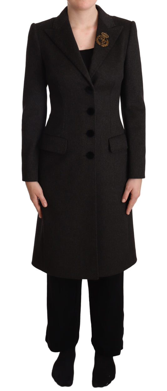 Gray Wool Cashmere Coat Crest Applique Jacket