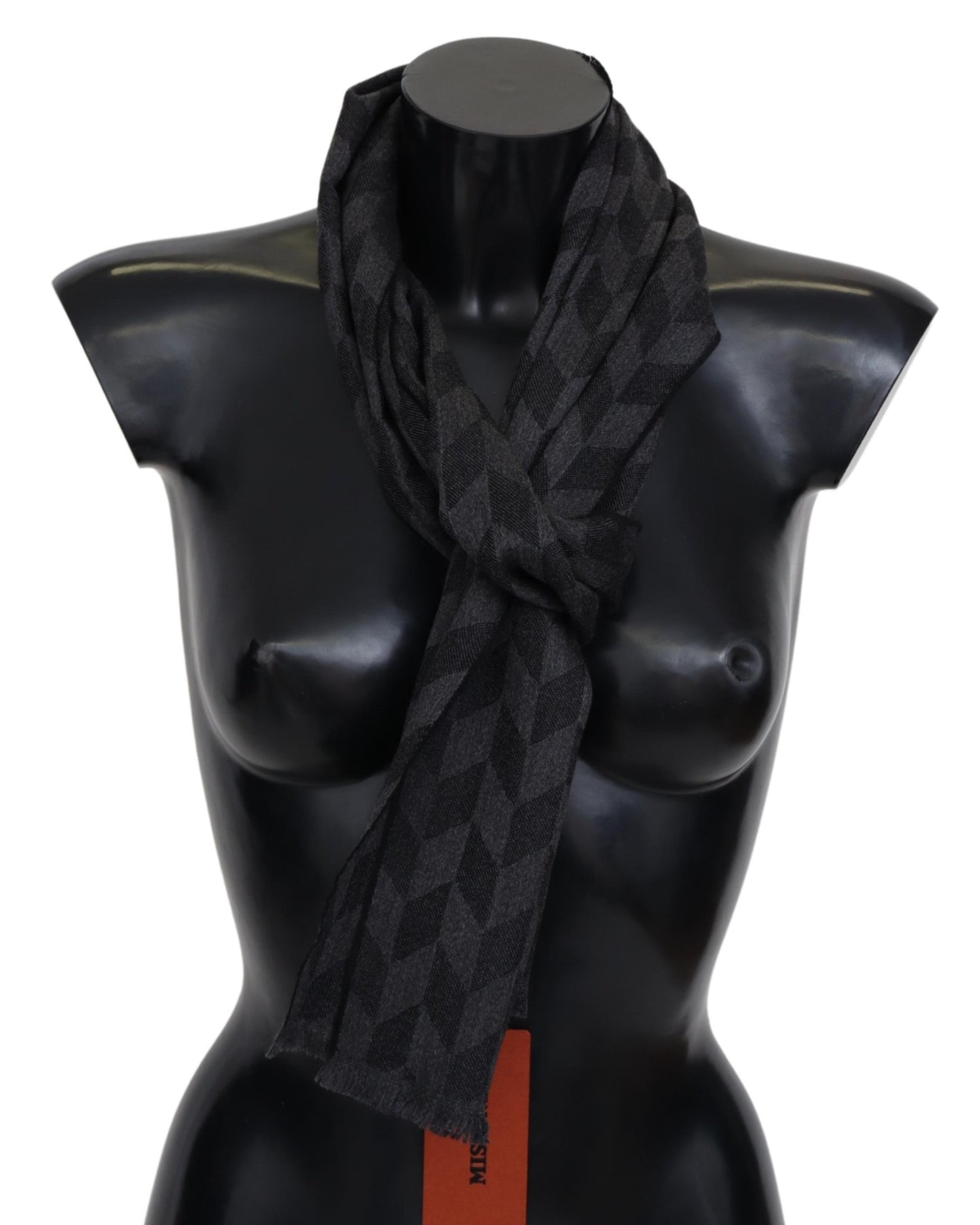 Black Geometric Wool Knit Neck Wrap Fringe Shawl