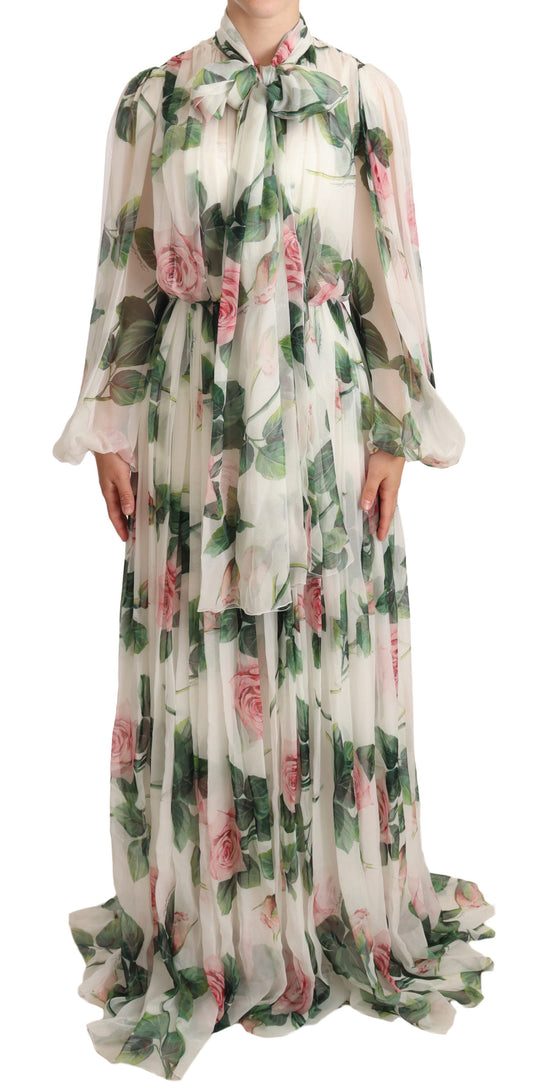 White Floral Roses Silk Maxi Gown Dress