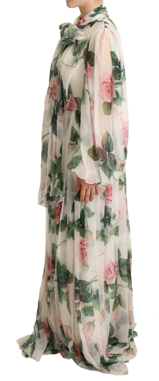 White Floral Roses Silk Maxi Gown Dress
