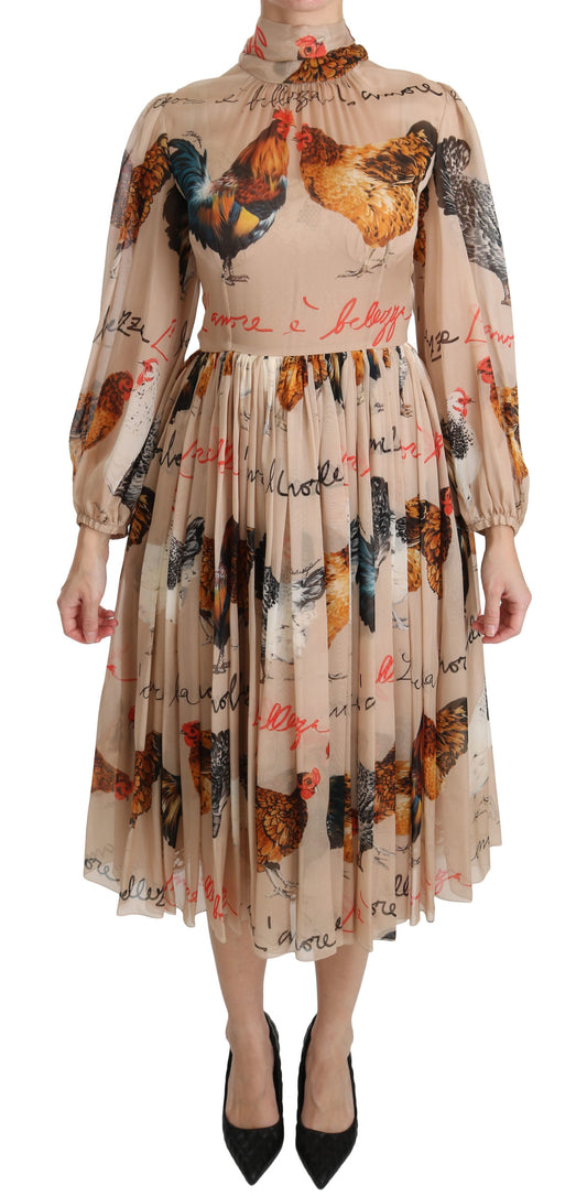 Beige Rooster Print Sheath Midi Silk Dress