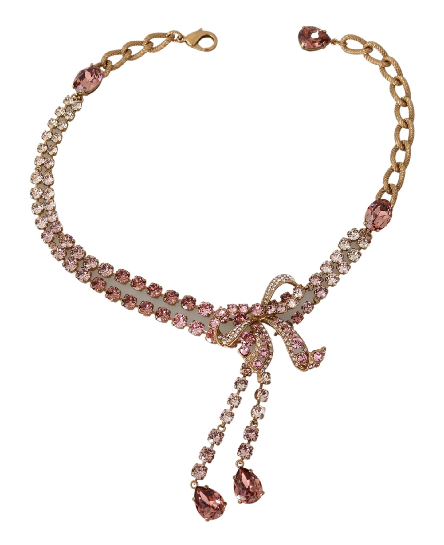 Pink Crystal Glass Christmas Bow Brass Choker Necklace