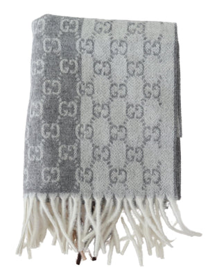 Lead Grey Cashmere & Wool Paneled GG Logo Scarf