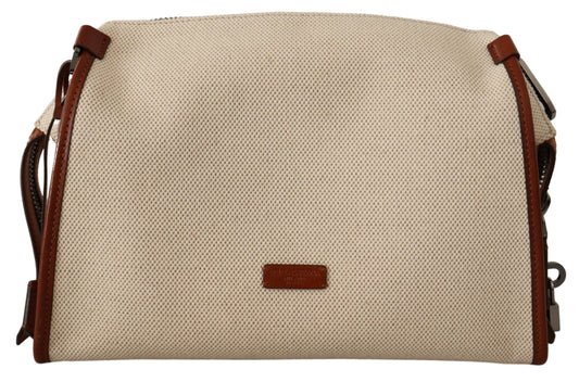 Beige Brown Canvas Leather Logo Shoulder Strap Bag