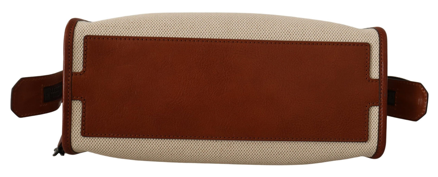 Beige Brown Canvas Leather Logo Shoulder Strap Bag