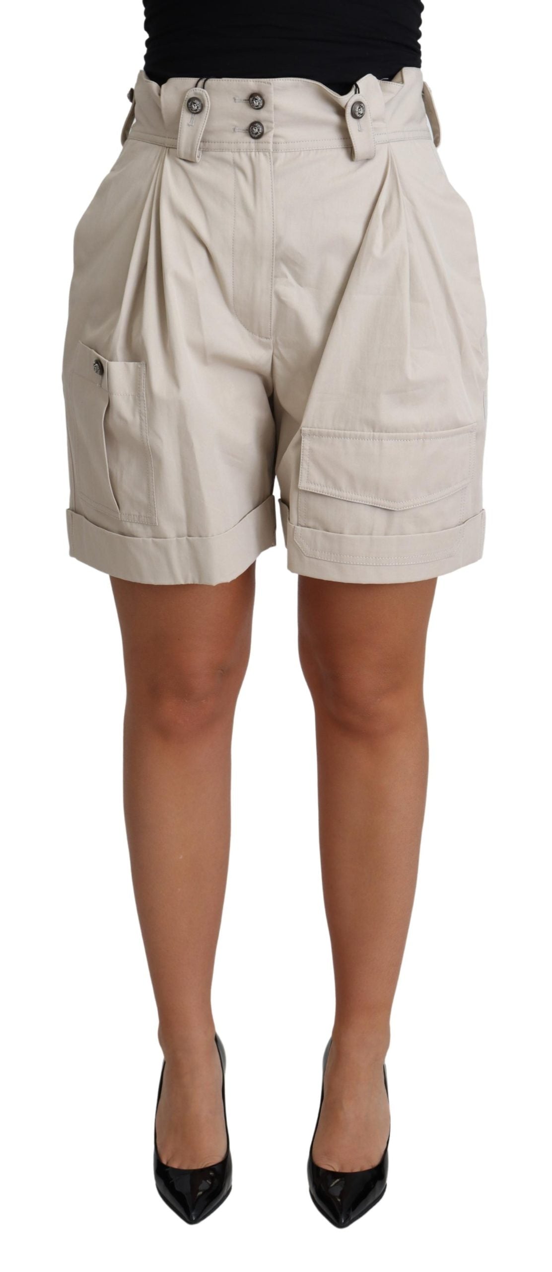 Beige Cotton Pleated High Waist Casual Shorts