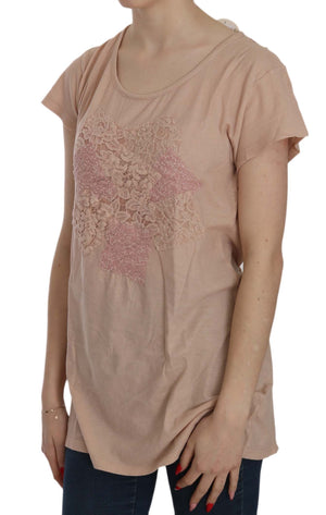 Pink Cream Lace Short Sleeve Shirt Top Cotton Blouse