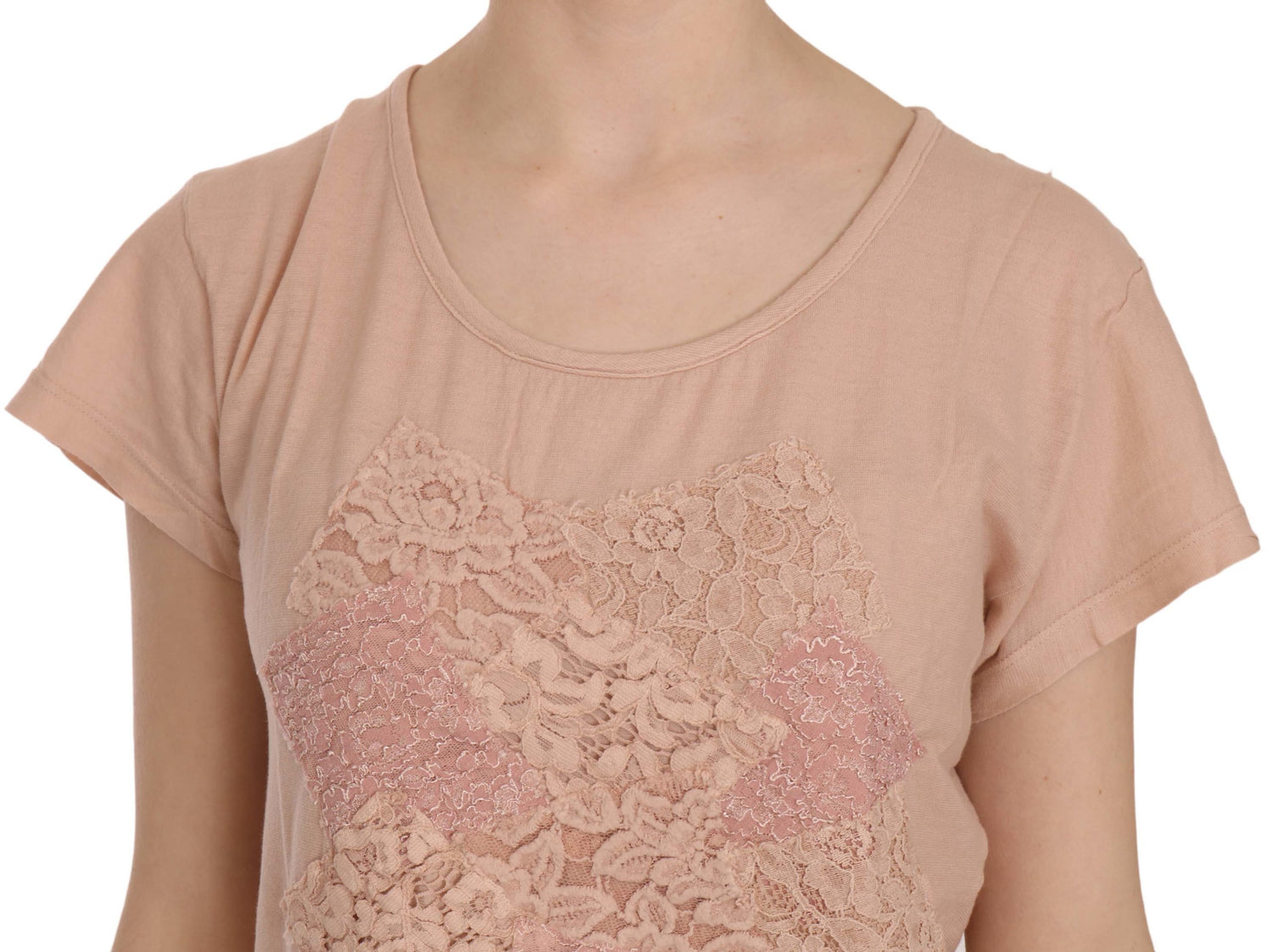 Pink Cream Lace Short Sleeve Shirt Top Cotton Blouse