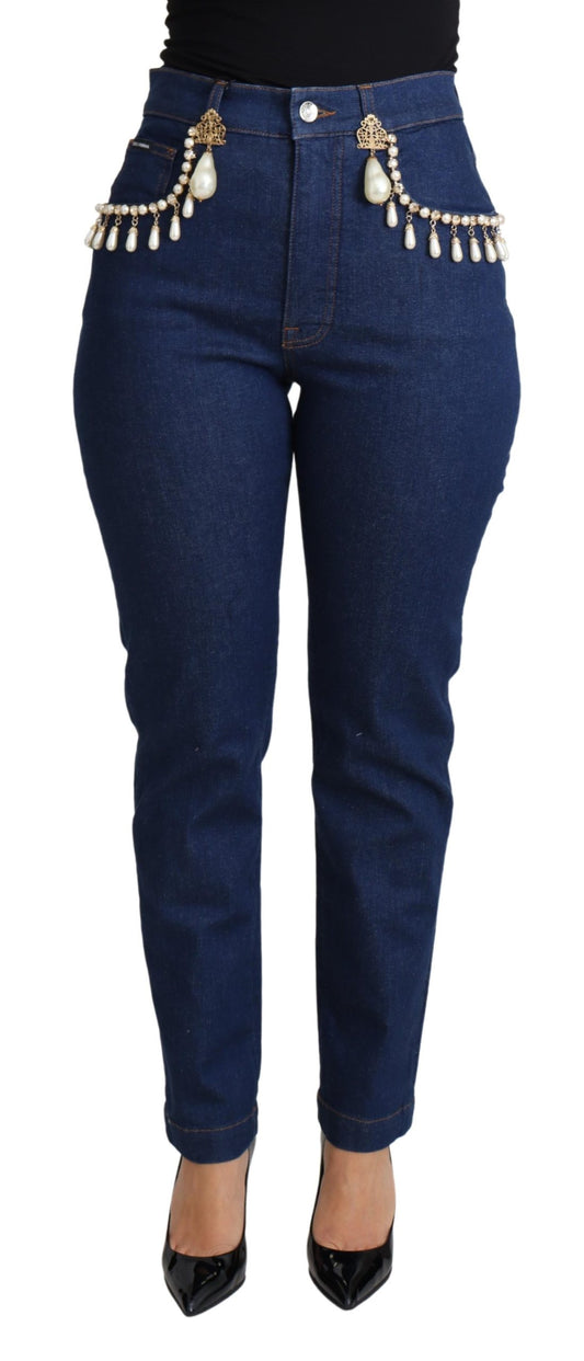 Blue Cotton Stretch Embellished Skinny Jeans