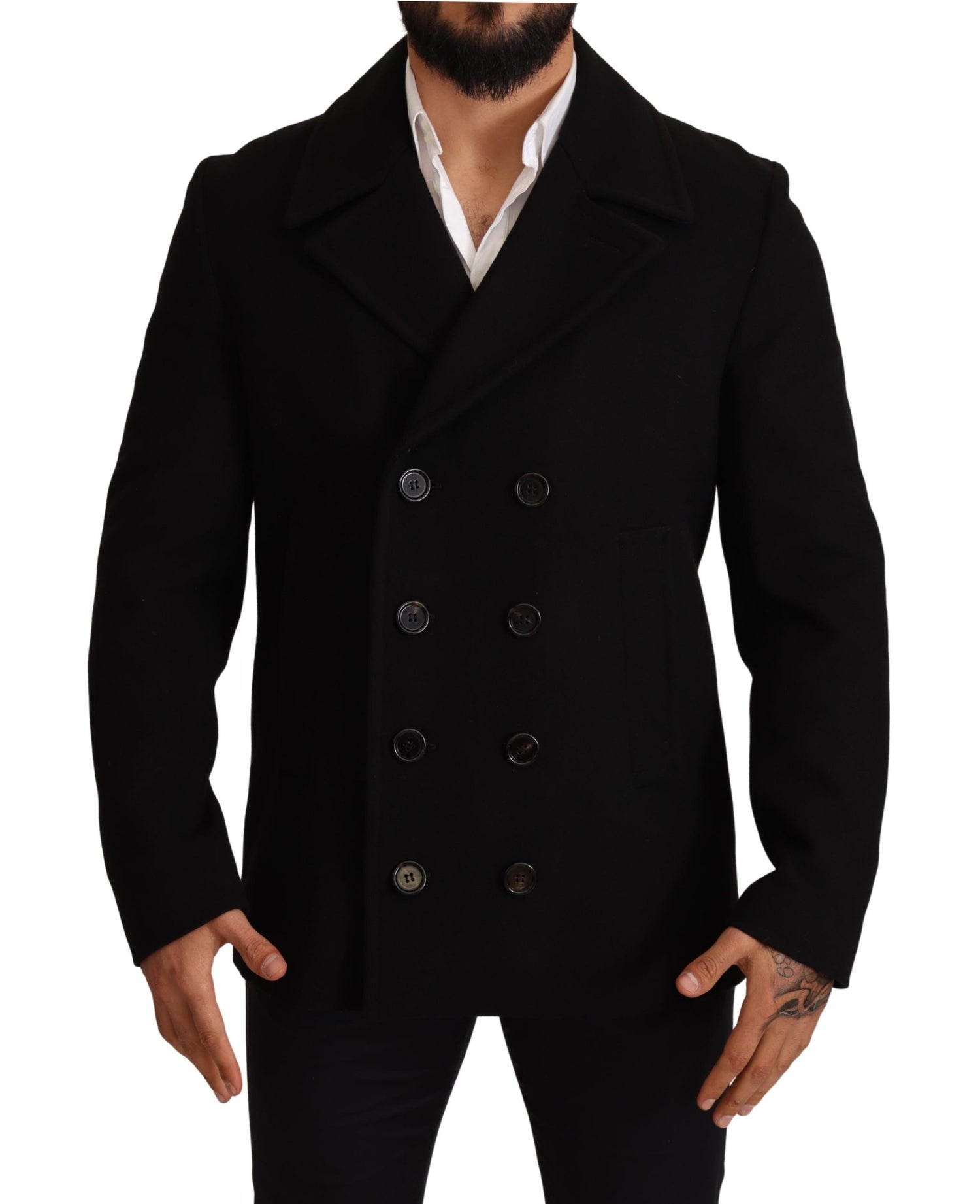 Black Wool Trench Peacoat Jacket