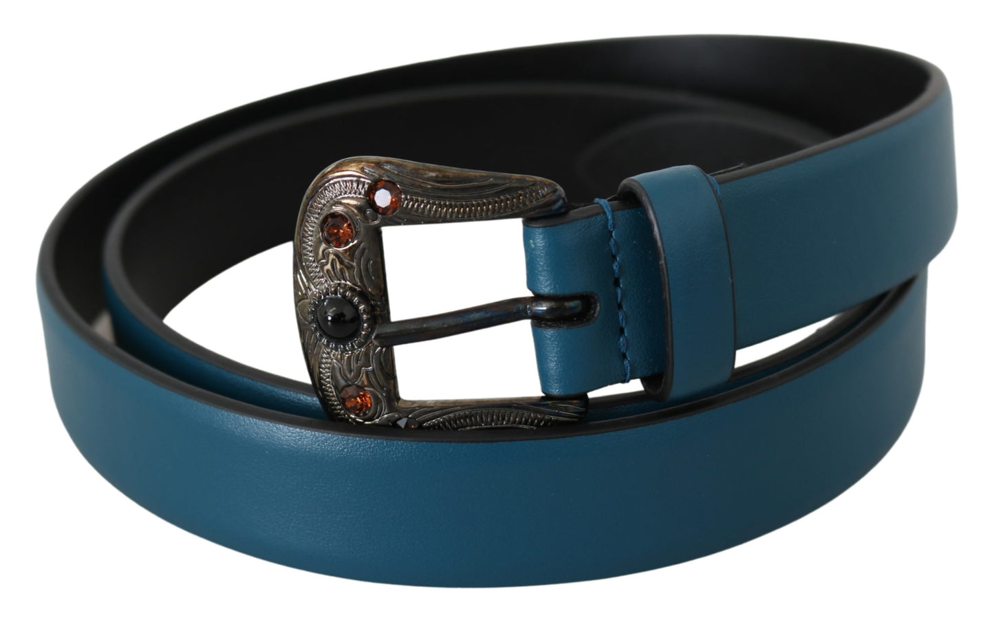 Blue Leather Amber Crystal Baroque Buckle Belt