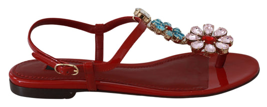 Red Leather Crystal Sandals Flip Flops Shoes
