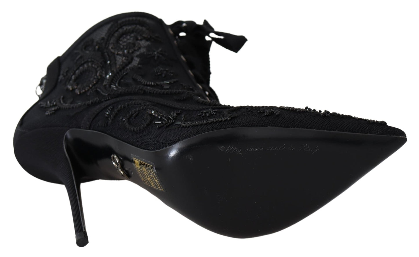 Black Tulle Ricamo High Heel Crystal Boots