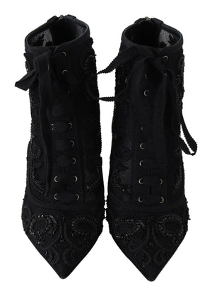 Black Tulle Ricamo High Heel Crystal Boots