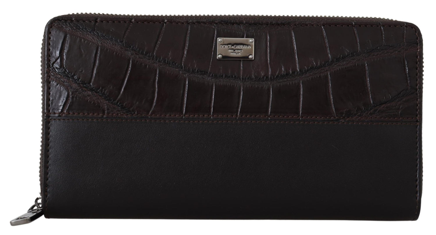 Brown Zip Around Continental Clutch Exotic Leather Wallet