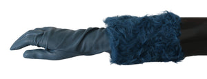 Blue Mid Arm Leather Shearling Fur Gloves