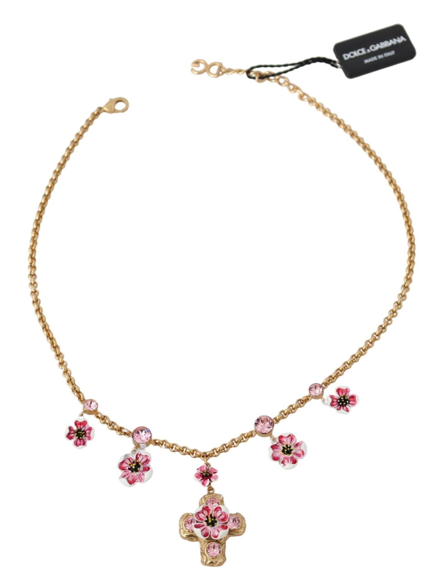 Pink Crystals Gold Chain Cross Floral Charm Necklace