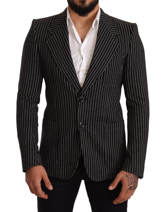 Black Striped Slim Fit Wool Coat Blazer