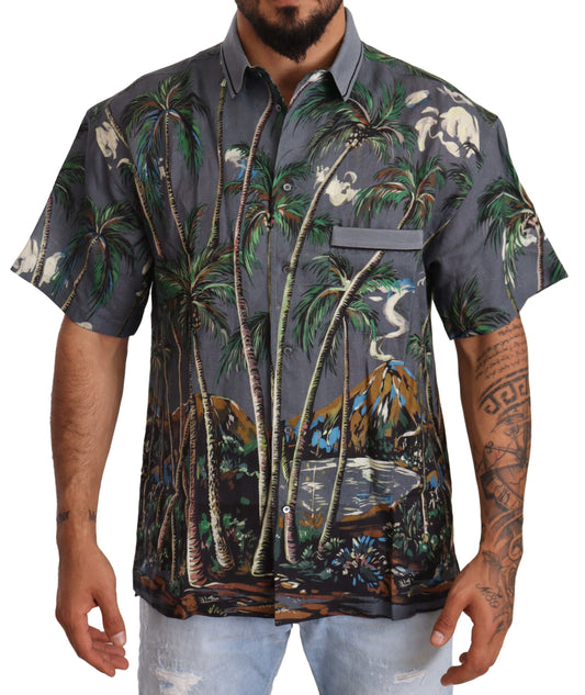 Gray Linen Tropical Print Collared Shirt