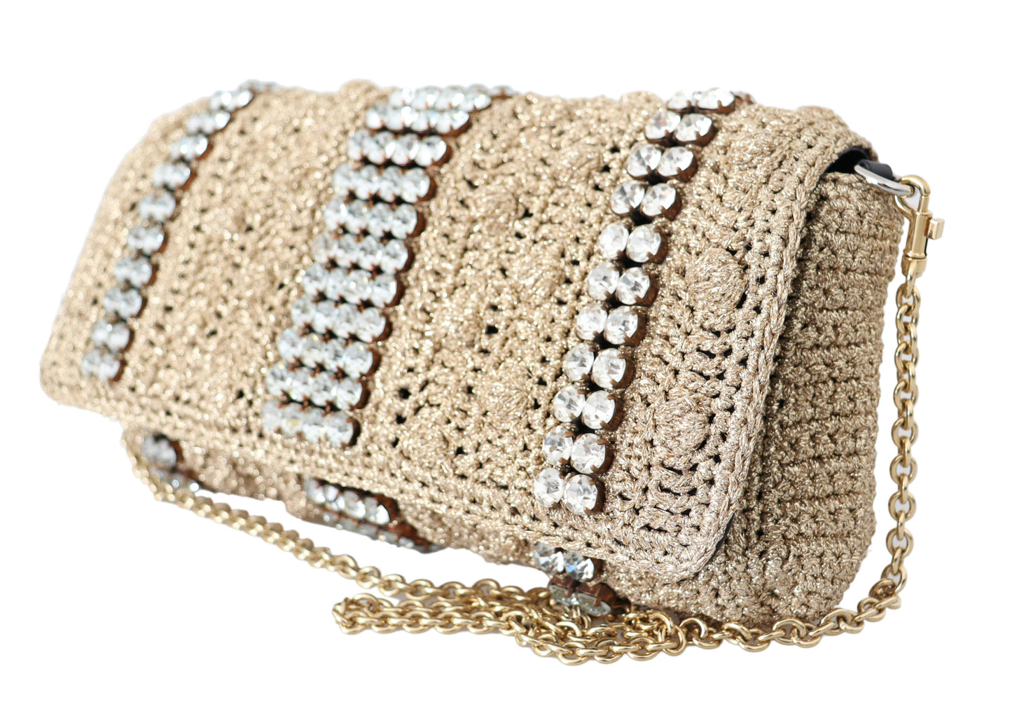 Beige Knitted Crystals Gold Chain Crossbody Bag