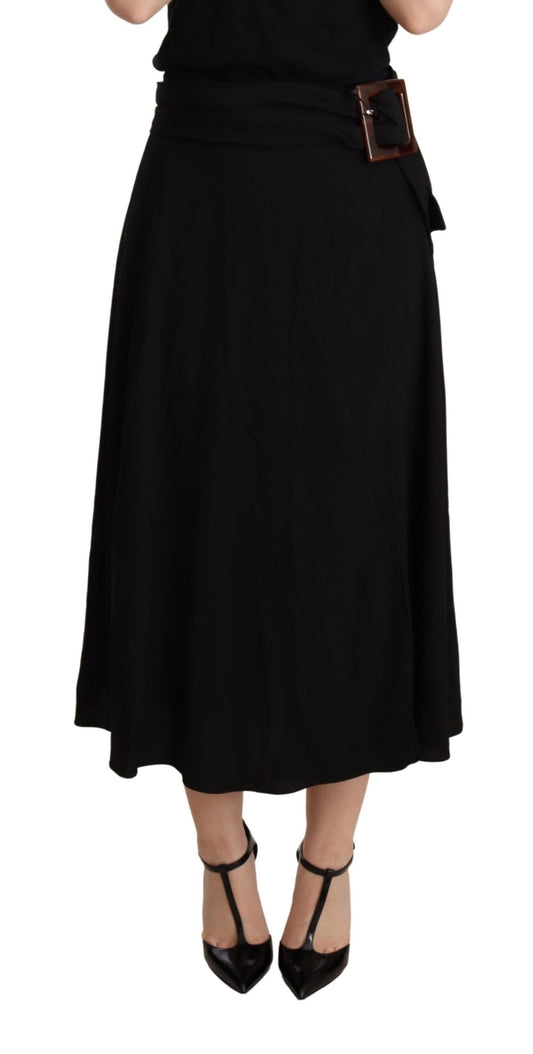 Black Viscose High Waist Pleated Midi Skirt