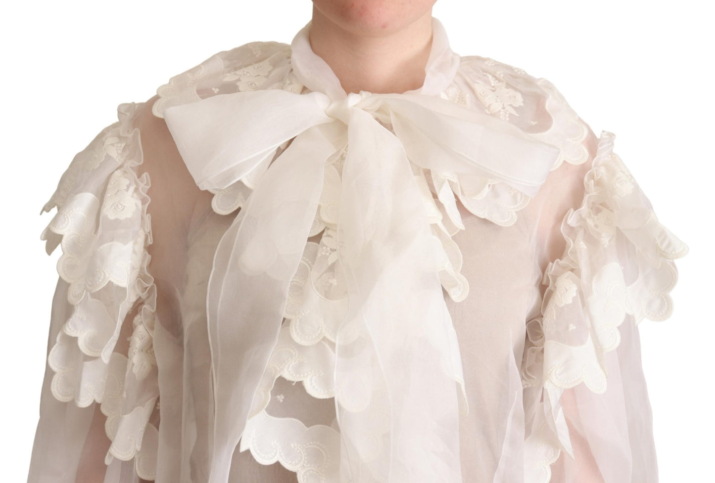 White Ascot Collar Silk Blouse Ruffled Top