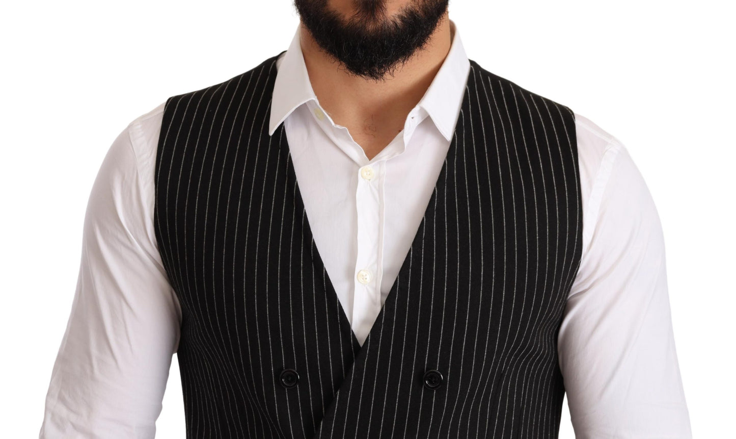 Black Wool Striped Double Breasted Formal Vest