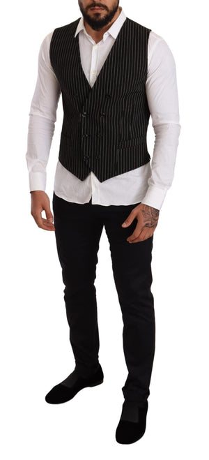 Black Wool Striped Double Breasted Formal Vest