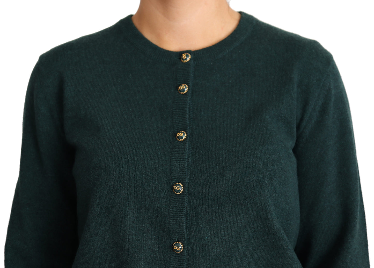 Dark Green Cashmere Crewneck Cardigan Sweater