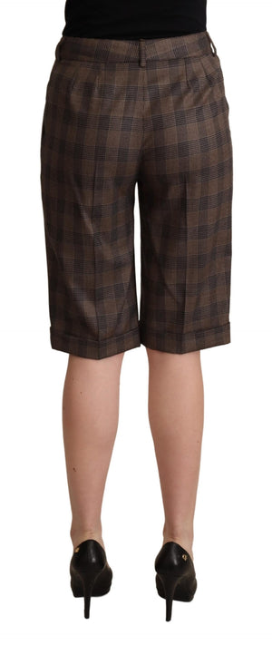Brown Checkered Wool Bermuda Mid Waist Shorts