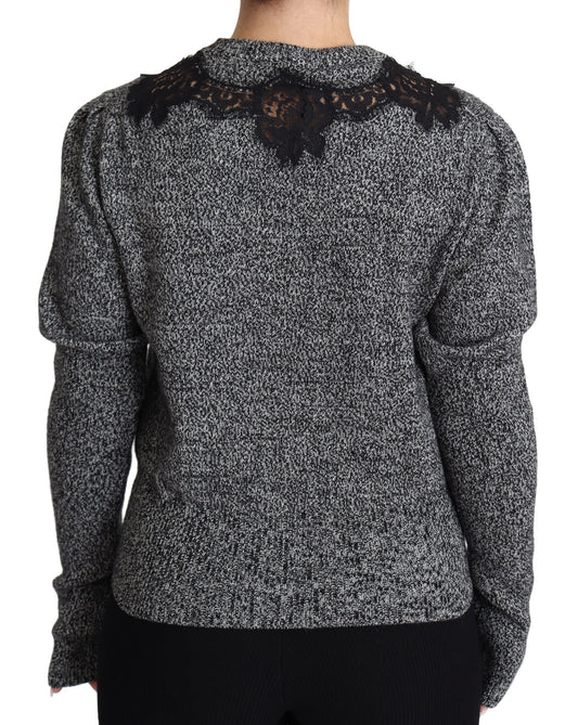 Gray Lace Trimmed Pullover Cashmere Sweater