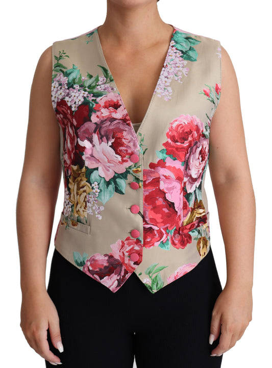 Beige Floral Print Polyester Top Vest