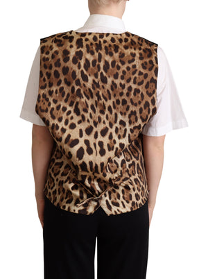Black Cotton Leopard Print Waistcoat Vest