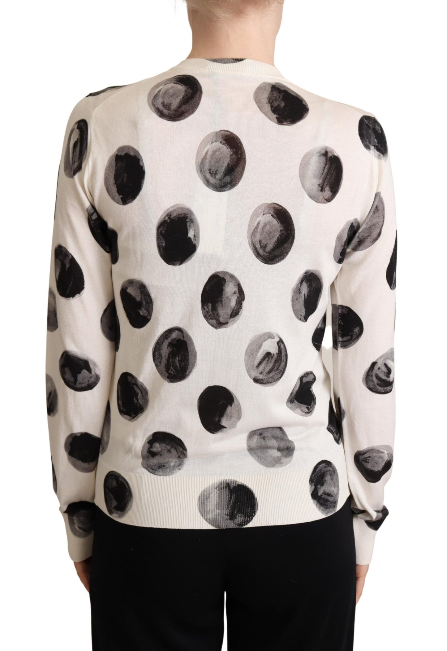 White Black Polka Dots Silk Cardigan Sweater