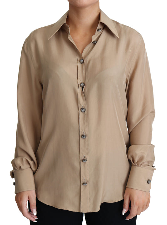 Beige Silk Shirt Decorative Buttons Top