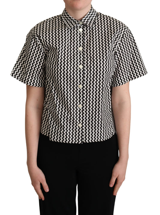 Black White Zigzag Collar Cotton Top Shirt