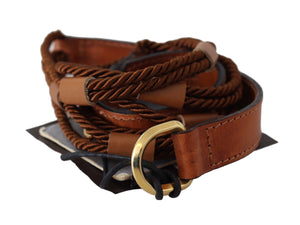 Brown Leather Braided Rope Gold Buckle  Belt