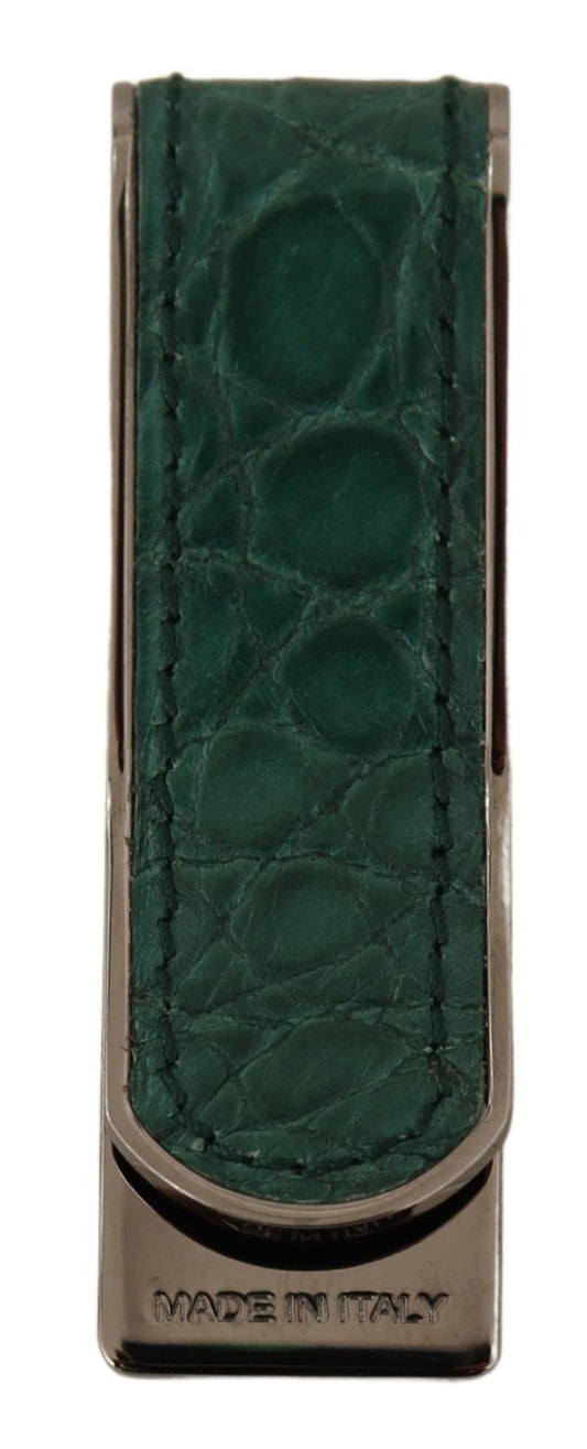 Green Leather Silver Brass Mens Cash Clasp Money Clip