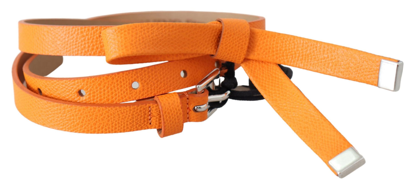 Orange Tangerine Leather Slim Silver Metal Buckle Belt