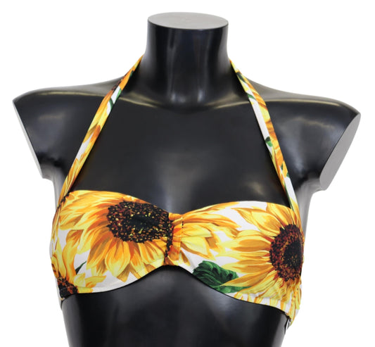 White Sunflower Print Nylon Swimwear Bikini Tops