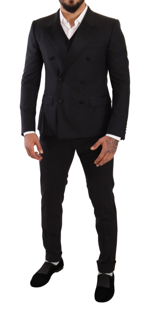 Black Wool Double Breasted Smoking 3 Piece Suit