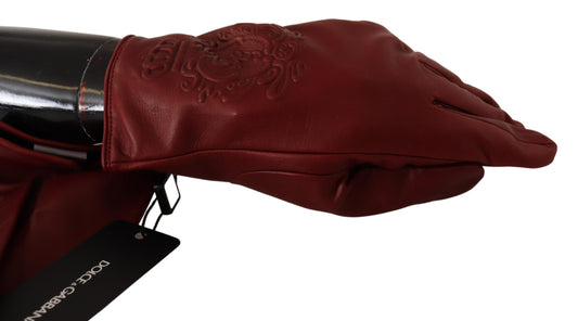 Burgundy Logo Embossed Leather Mitten Gloves